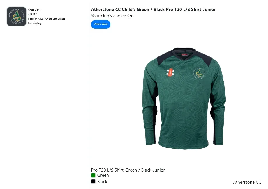 Atherstone CC Child's Green / Black Pro T20 L/S Shirt-Junior