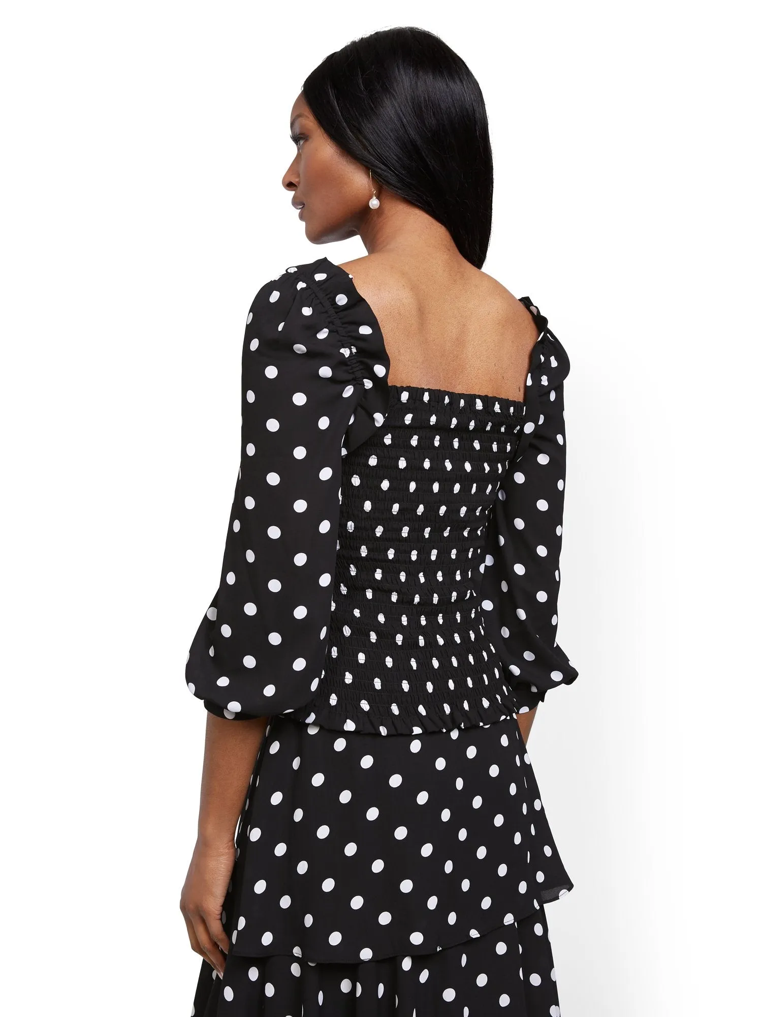 Dot-Print Puff-Sleeve Top