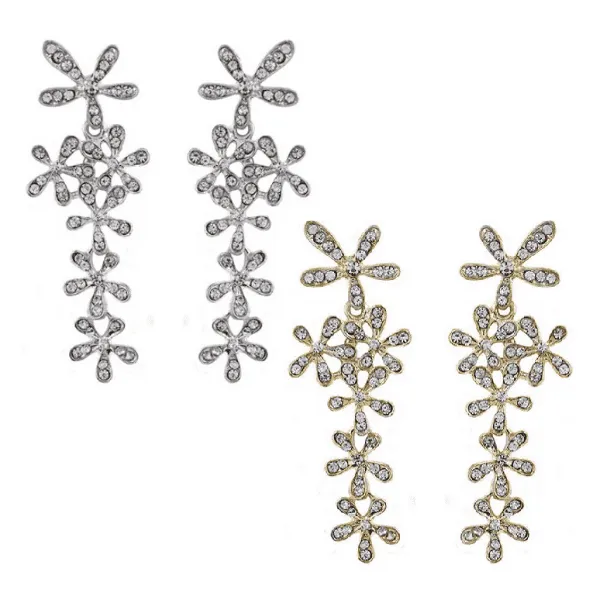 Flower Crystal Drop Chandelier Earrings in Yellow or White Gold