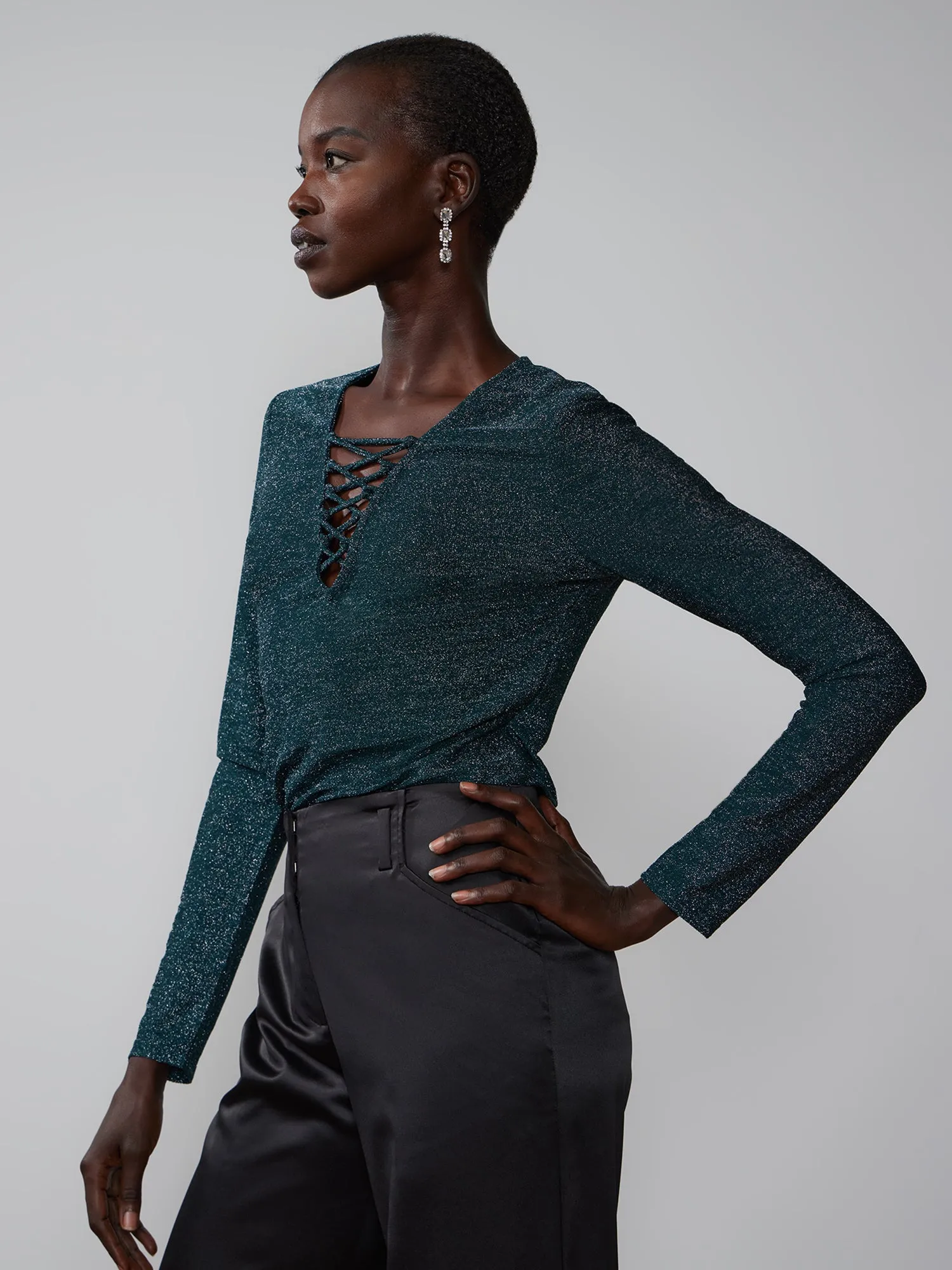 Lurex Knit Lace Up Neck Top