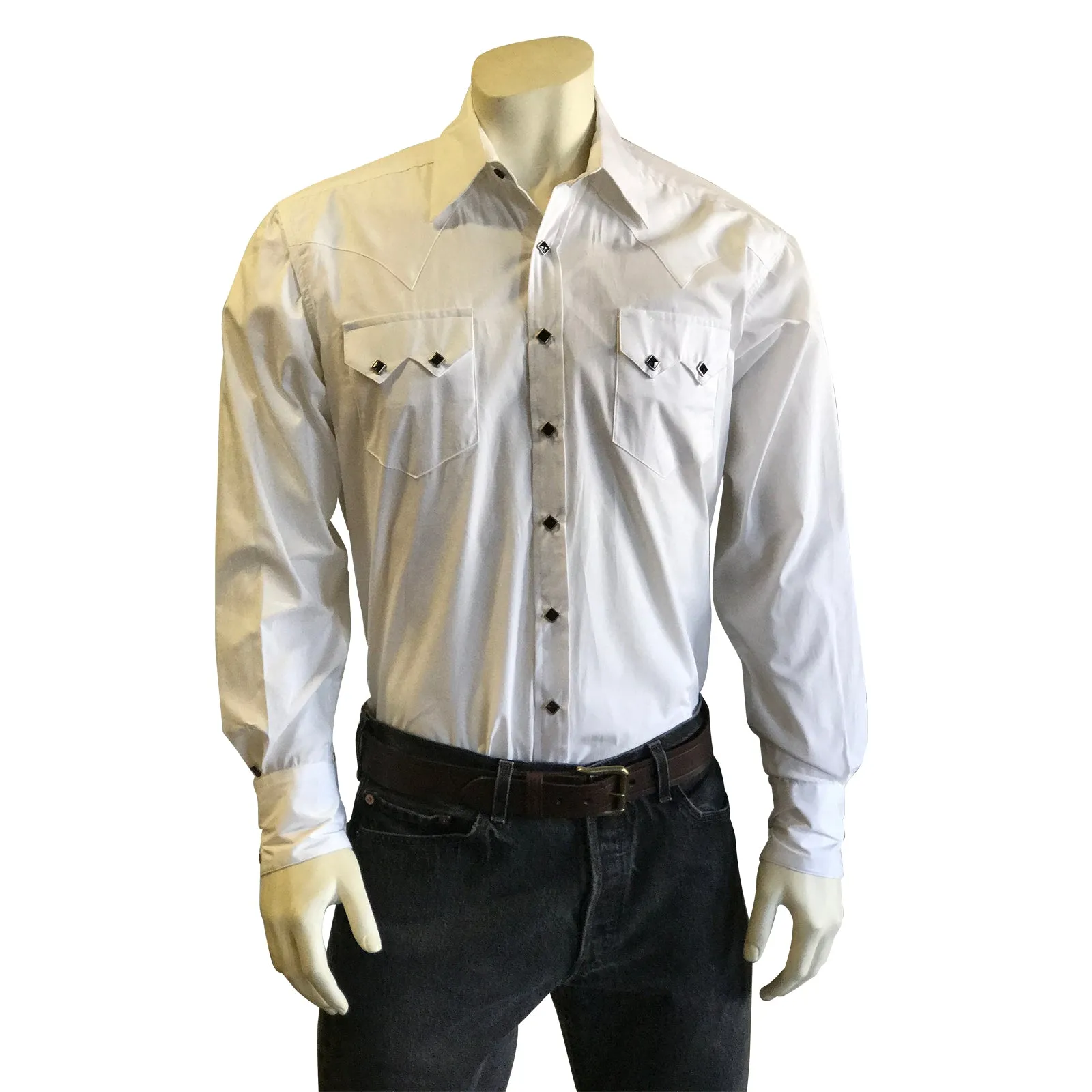 Men's Classic Pima Cotton Solid White Western Shirt with Black Snaps