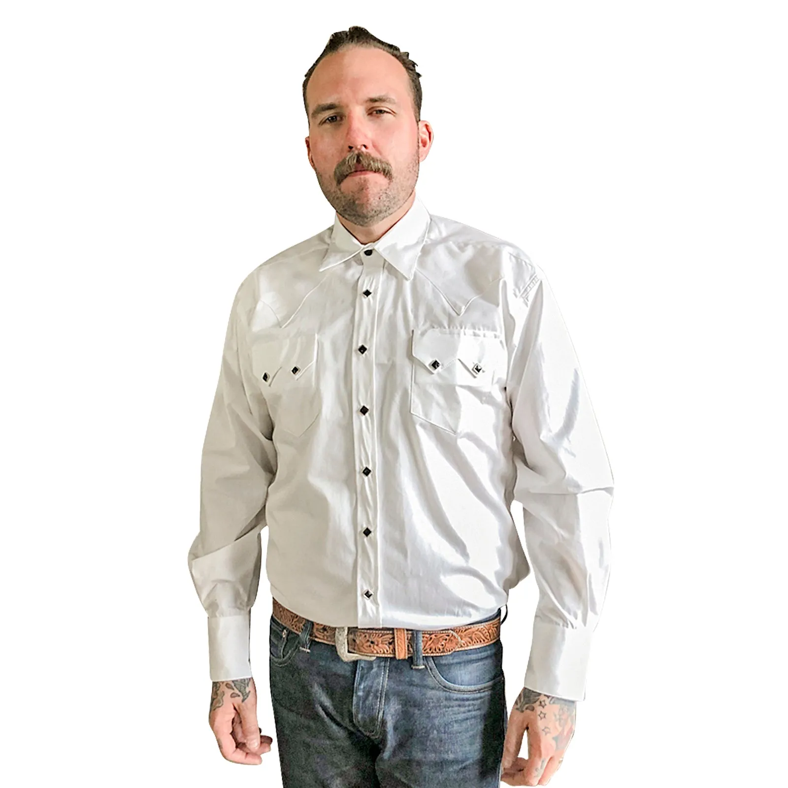 Men's Classic Pima Cotton Solid White Western Shirt with Black Snaps
