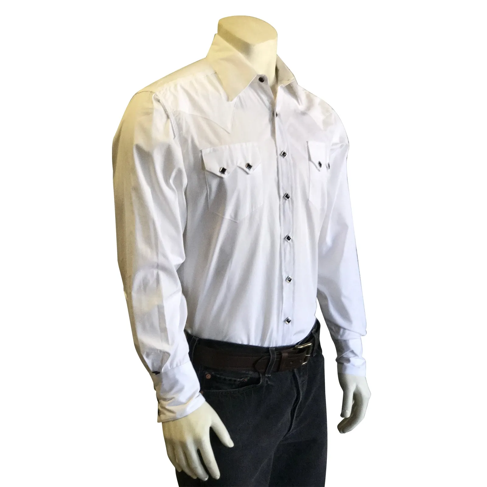 Men's Classic Pima Cotton Solid White Western Shirt with Black Snaps