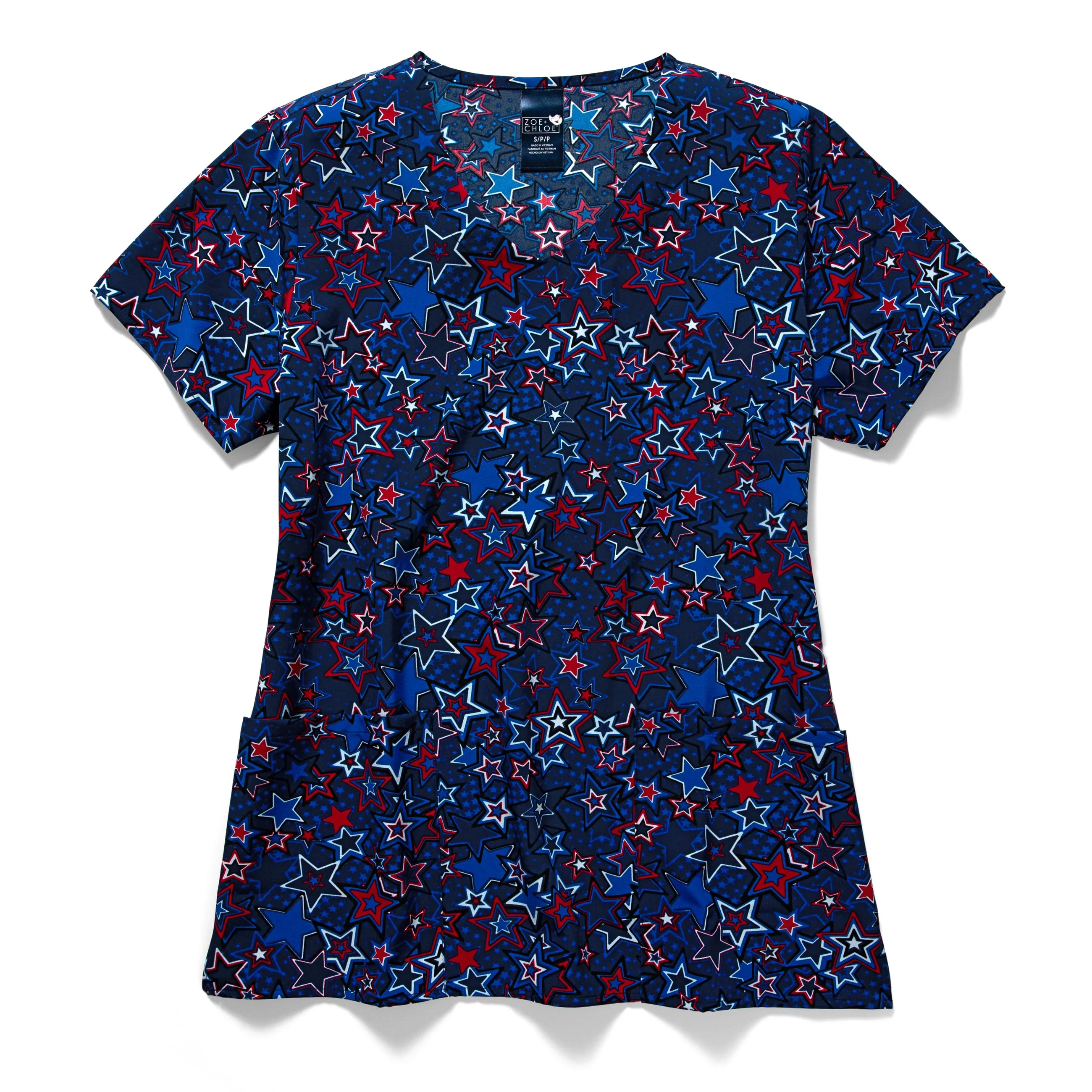 Zoe Chloe Performance V-Neck Print Scrub Top - Red White & Bloom